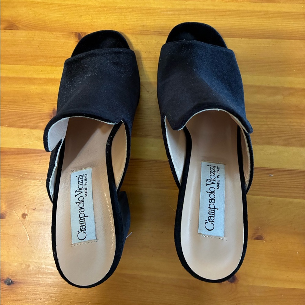 Giampaolo Viozzi, Velvet Black Suede Open-Toe Block Heel Mules - Picture 9 of 12